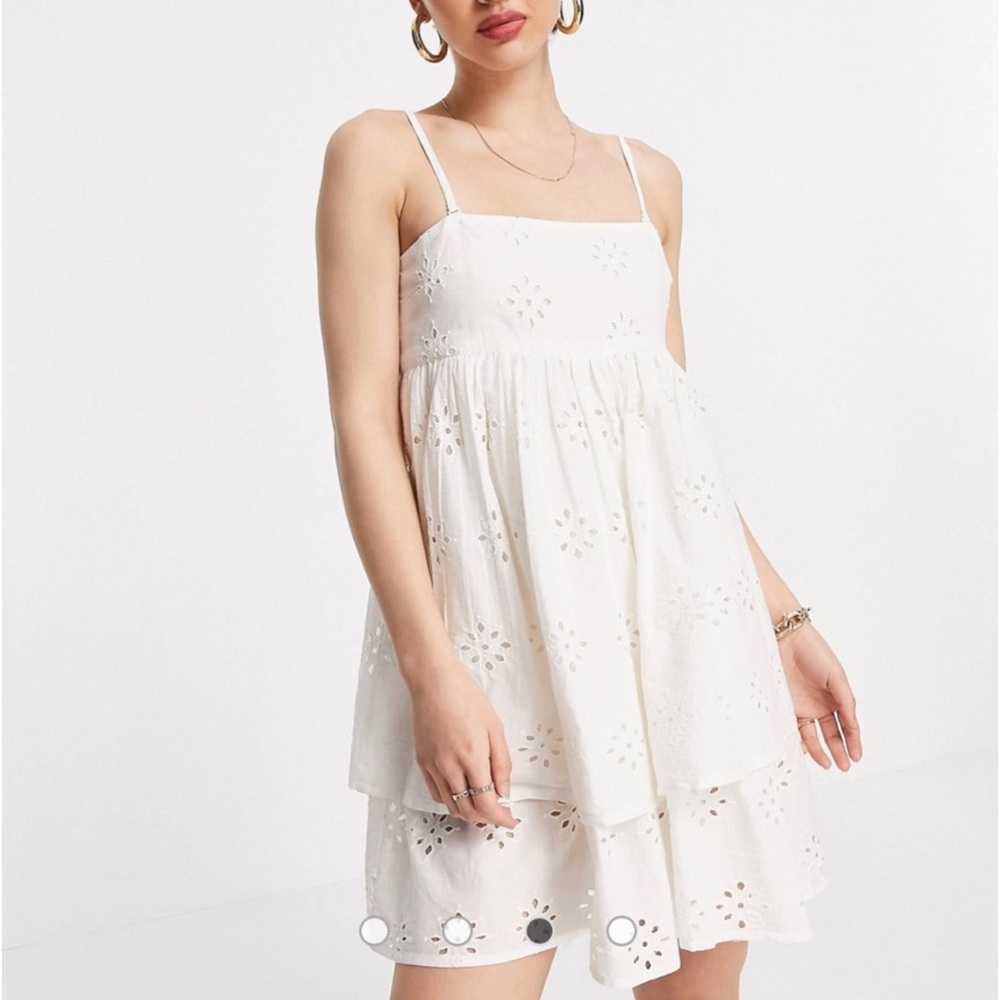 ASOS DESIGN Bandeau Double Layer Tie Back Mini White Eyelet Sundress. Size 0